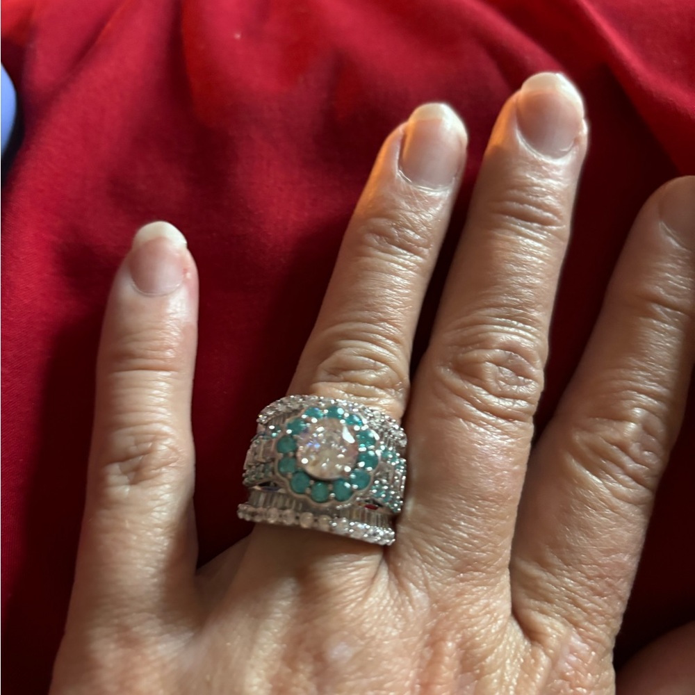Sterling silver teal and white lab created diamond ring